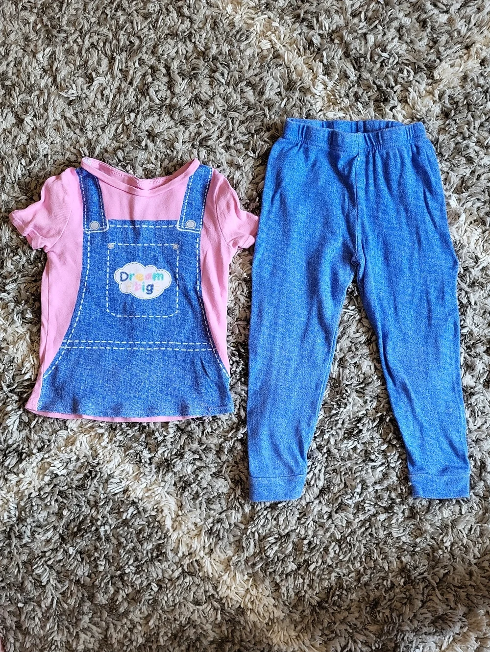 Pink Tee with Denim Overalls Graphic + Blue Leggings Set. Ms.Rachel